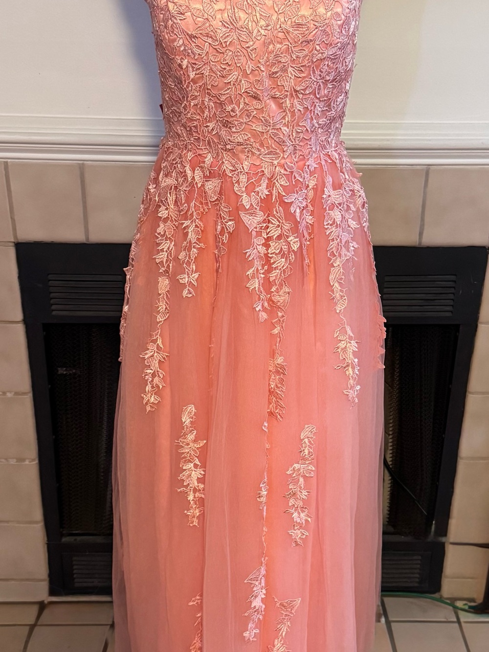 NEW Pink Bikini Strap, Corset Gown with Floral Lace on Chiffon